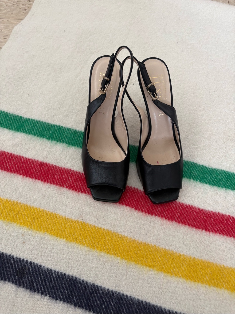 Lux Black Peep-Toe Slingback Heels
